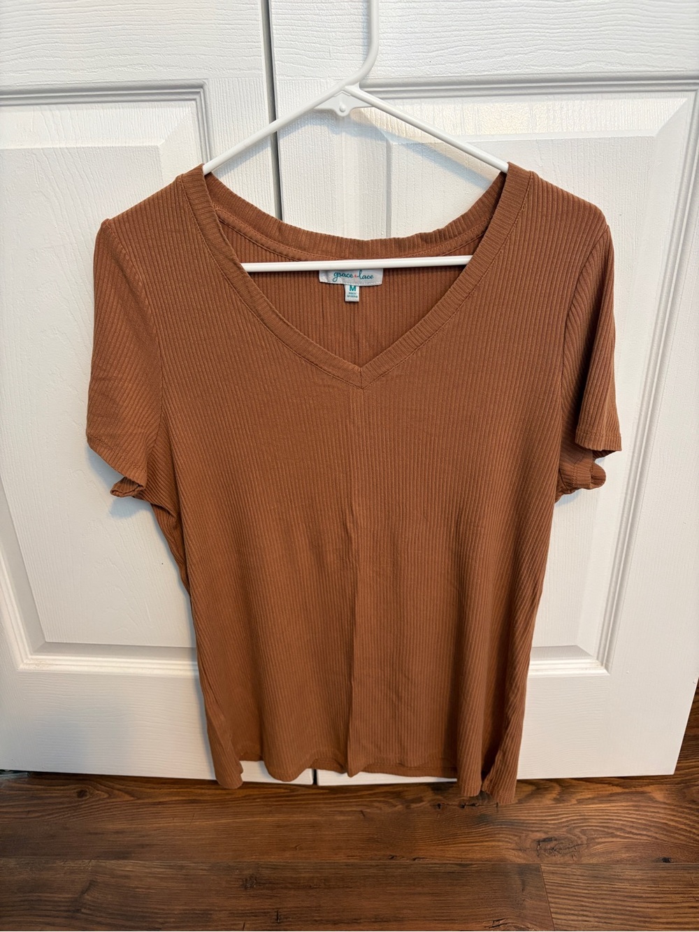 Grace & Lace Ribbed V-Neck Short Sleeve Tee in Rust